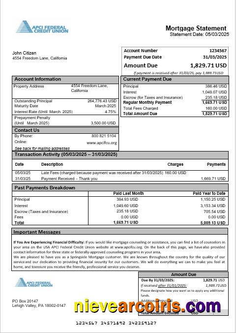 USA APCI Federal Credit Union mortgage statement
